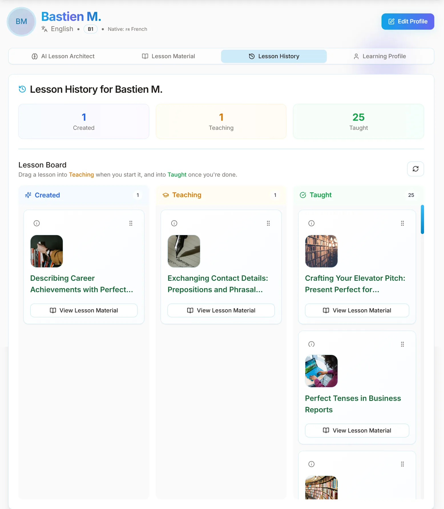 Lesson history kanban board organizing a student's lessons by stage