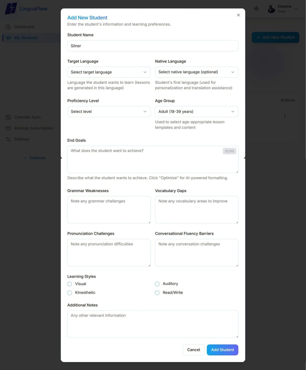 Add New Student form with target language, level and learning-style fields