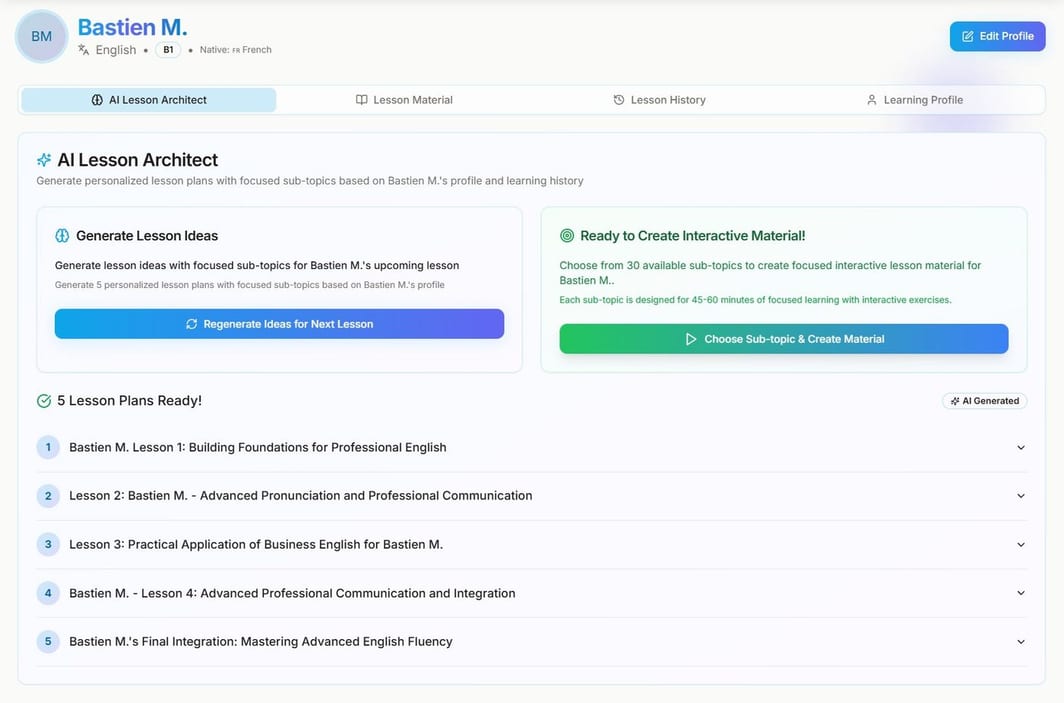 AI Lesson Architect screen showing 5 generated lesson plans ready for a student